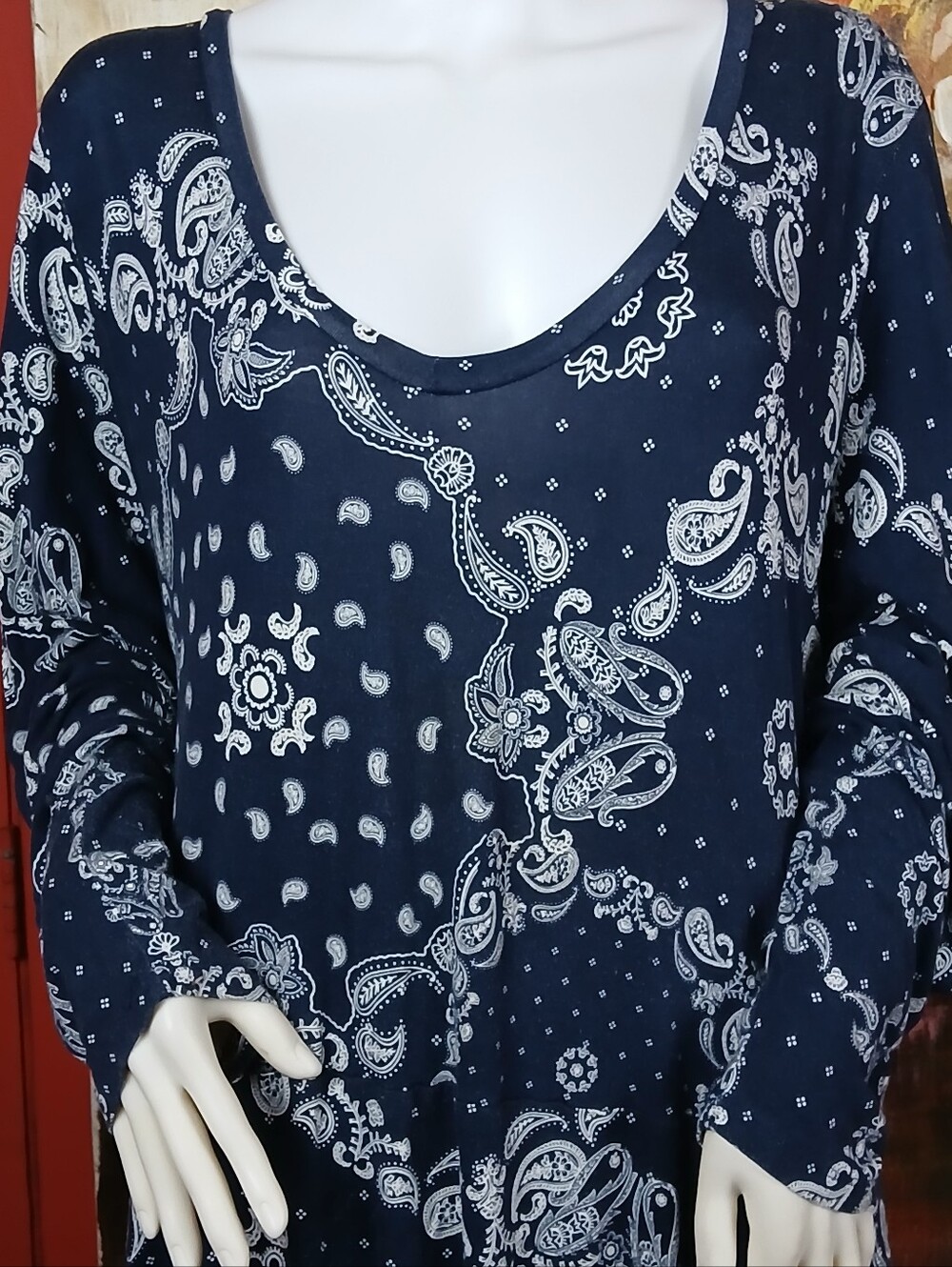 Women's Navy Blue Paisley Long-Sleeve Top
